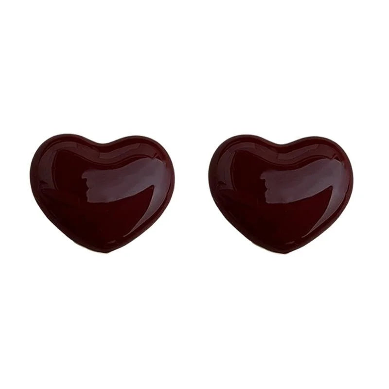 Burgundy Enamel Drip Glaze Heart Stud Earrings, Vintage Hong Kong Style