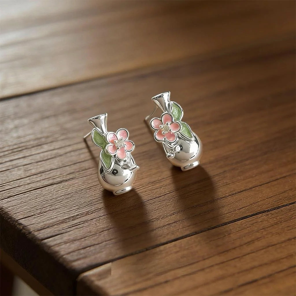 Style Floral Vase Drop Earrings With Hand Painted Enamel Glaze And Zircon Accents