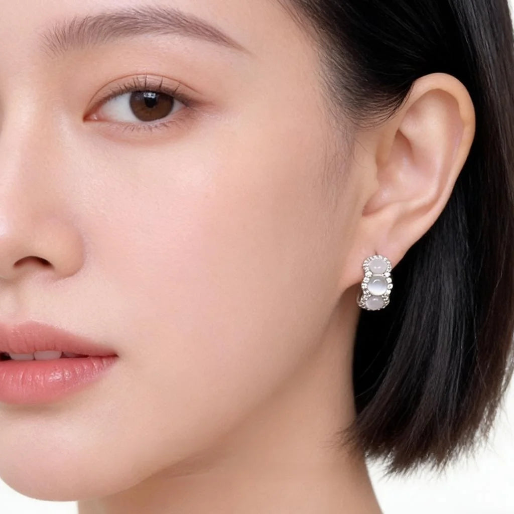 Elegant Glass Cat Eye Stone Half Hoop Zircon Drop Earrings For Commuter Jewelry