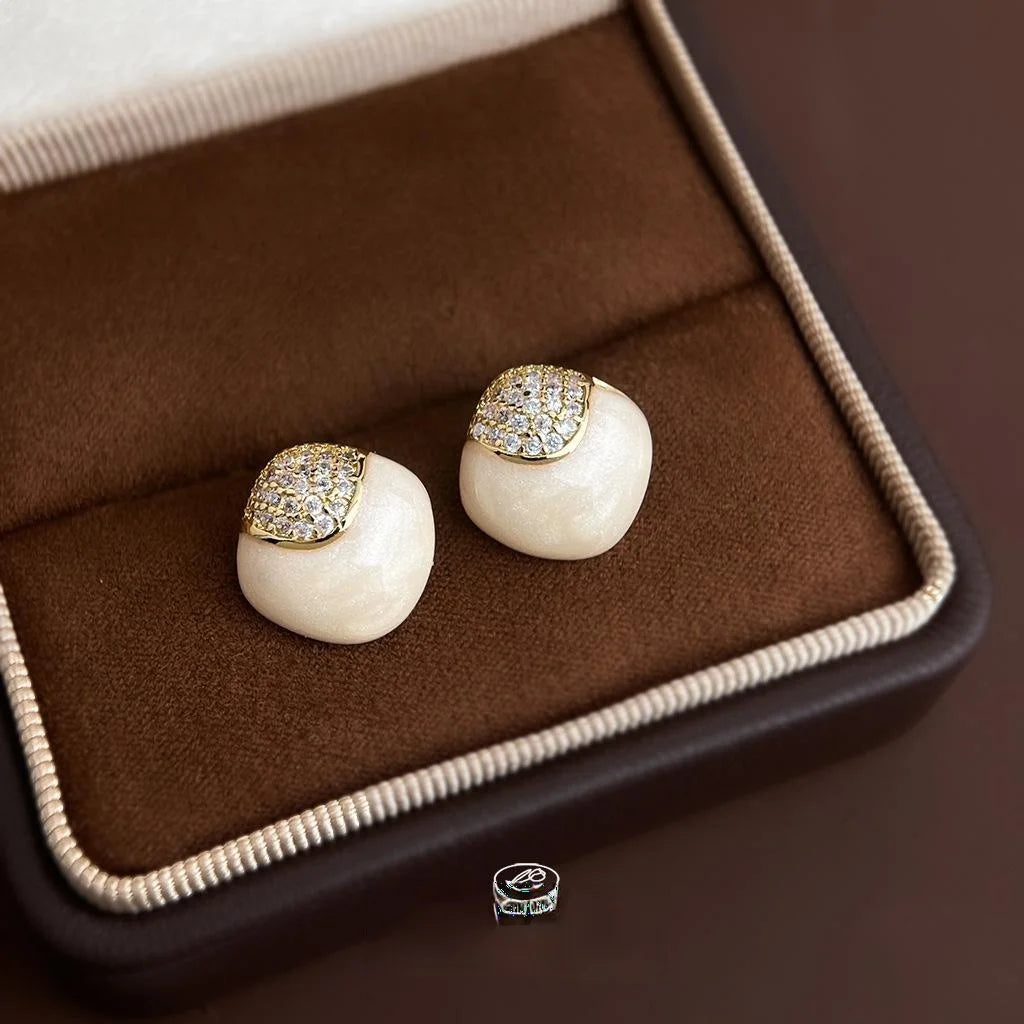 Light Luxury Milky White Geometric Square Zircon Pave Silver Plated Copper Stud Earrings