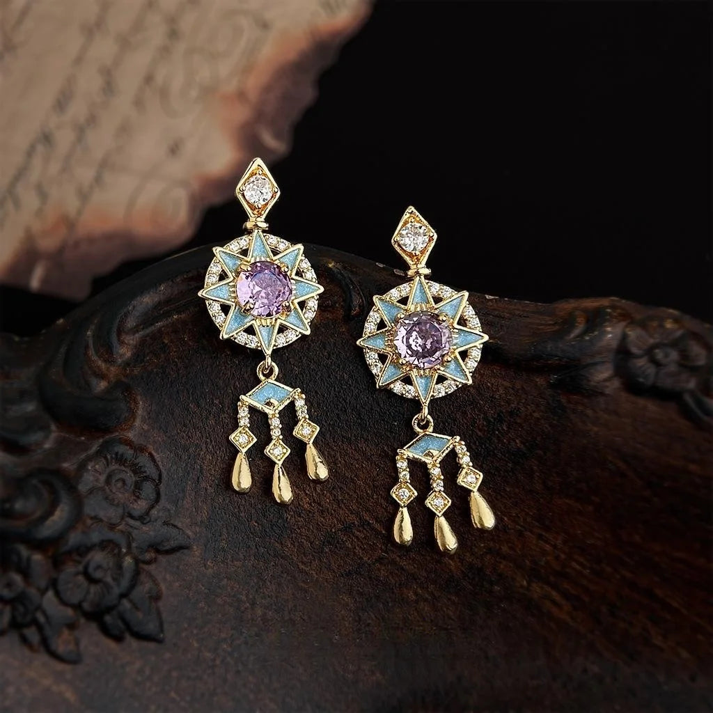 Original Designer Dreamcatcher Enamel Painted Micro Pave Zircon Tassel Drop Earrings In Eco Copper
