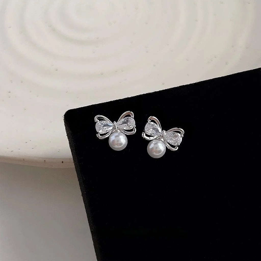 Silver Plated Copper Micro Pave Zircon Bow Stud Earrings Sweet Cute Fashion Jewelry