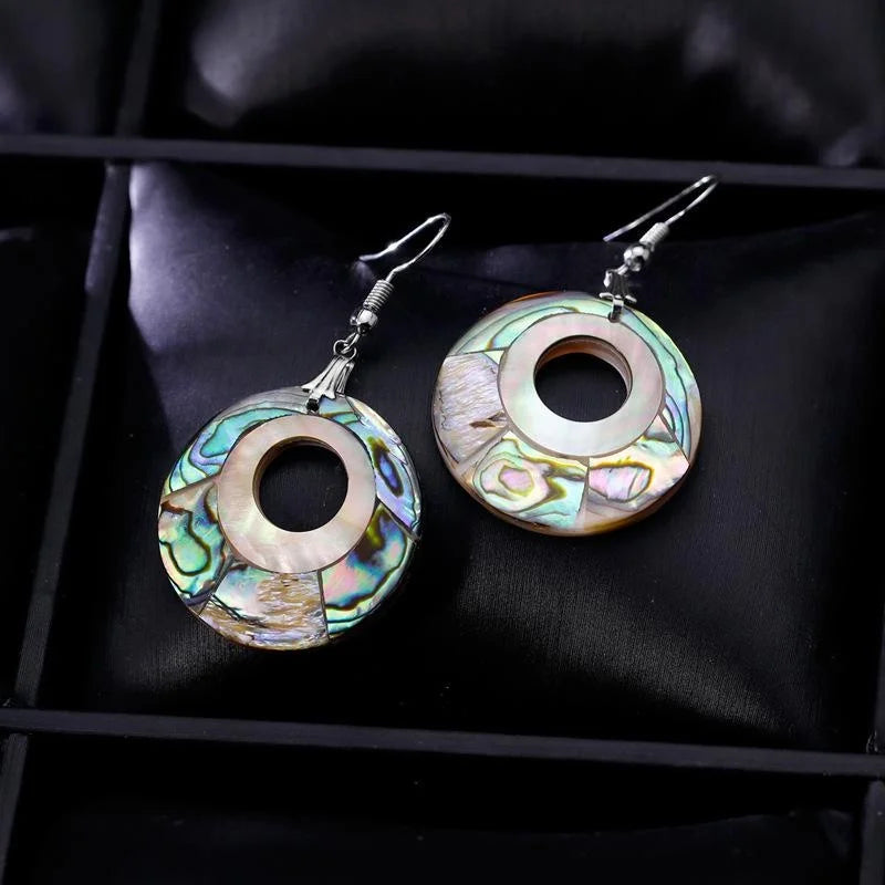 Elegant Natural Shell Round Drop Earrings For Women, Iridescent Alloy Hook Dangle Jewelry For Party Gift