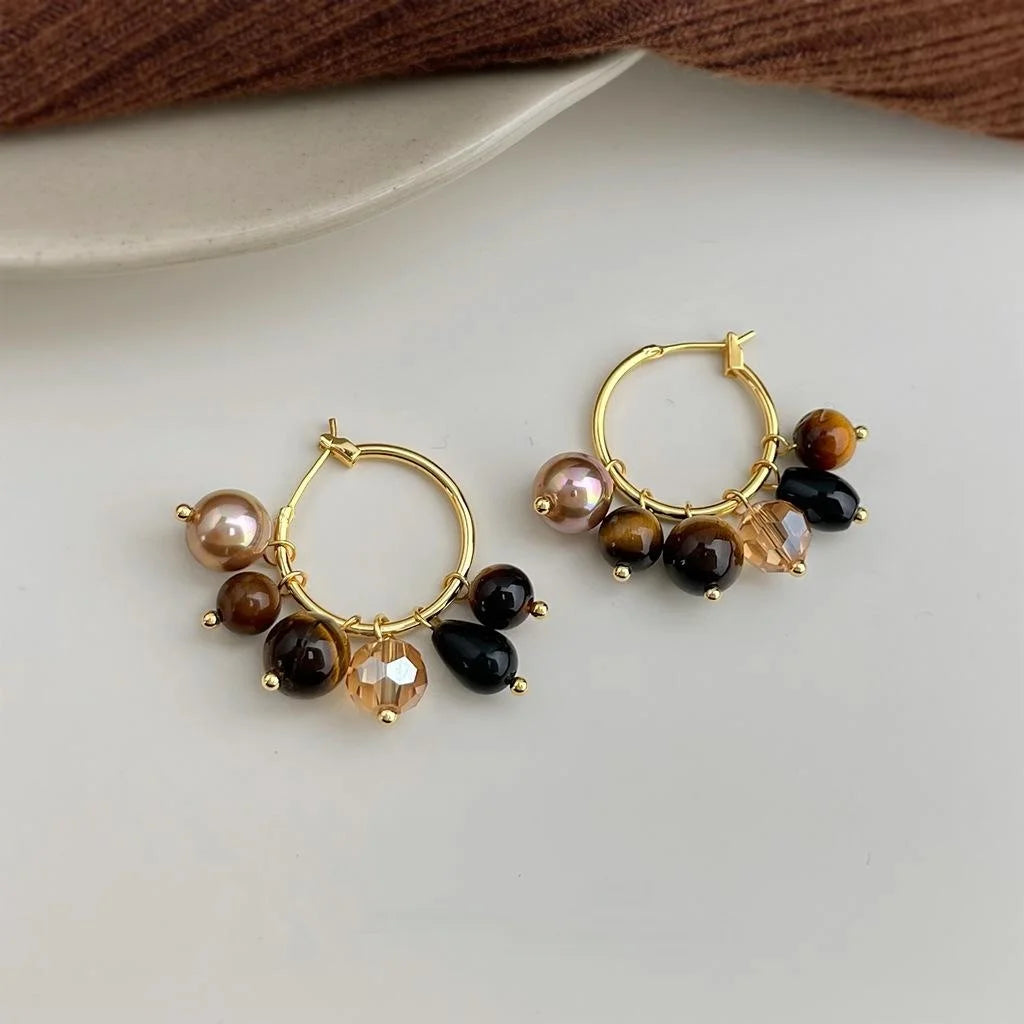 Handmade Vintage Geometric Copper Hoop Earrings With Tiger Eye Stone Glass Pearl Crystal Black Agate