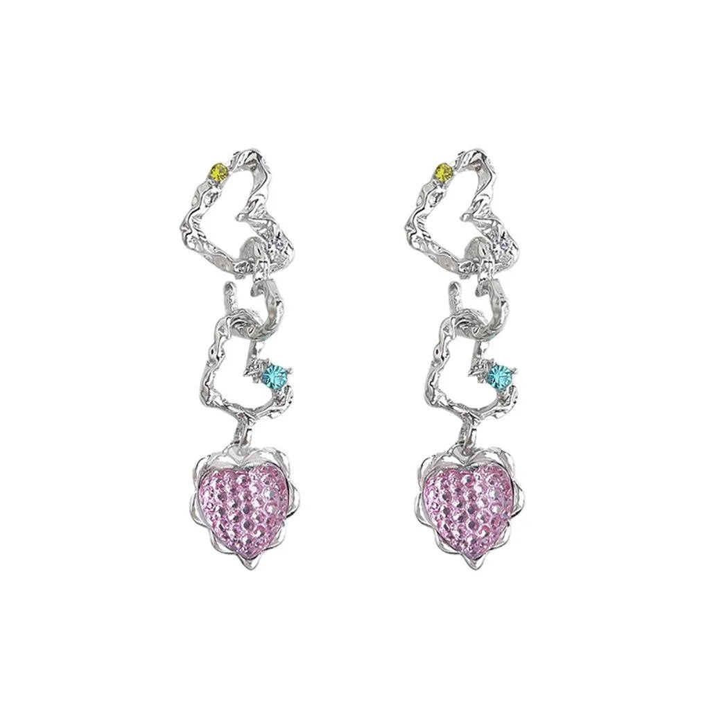 Sweet Cool Pink Heart Geometric Rhinestone Long Drop Earrings For Women