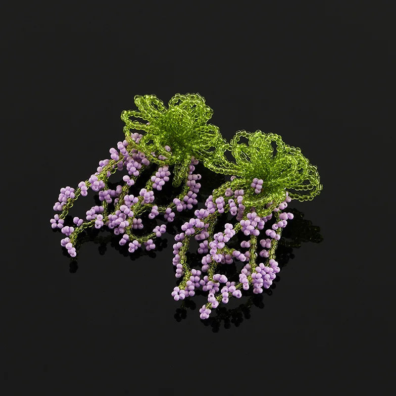 Elegant Beaded Wisteria Flower Tassel Crystal Leaf Stud & Clip On No Piercing Long Drop Earrings