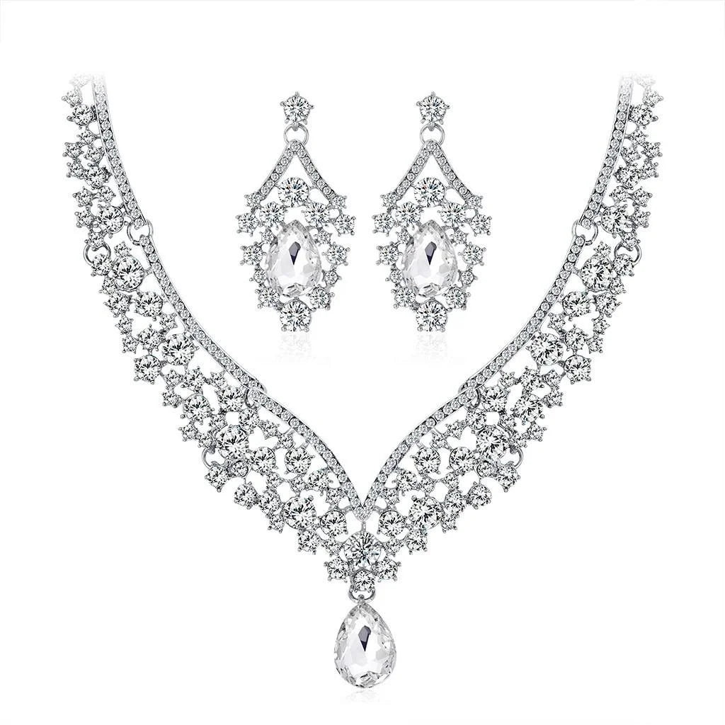 Luxury Bridal Rhinestone Crystal Necklace And Earrings Jewelry Set For Wedding Party Banquet Gift