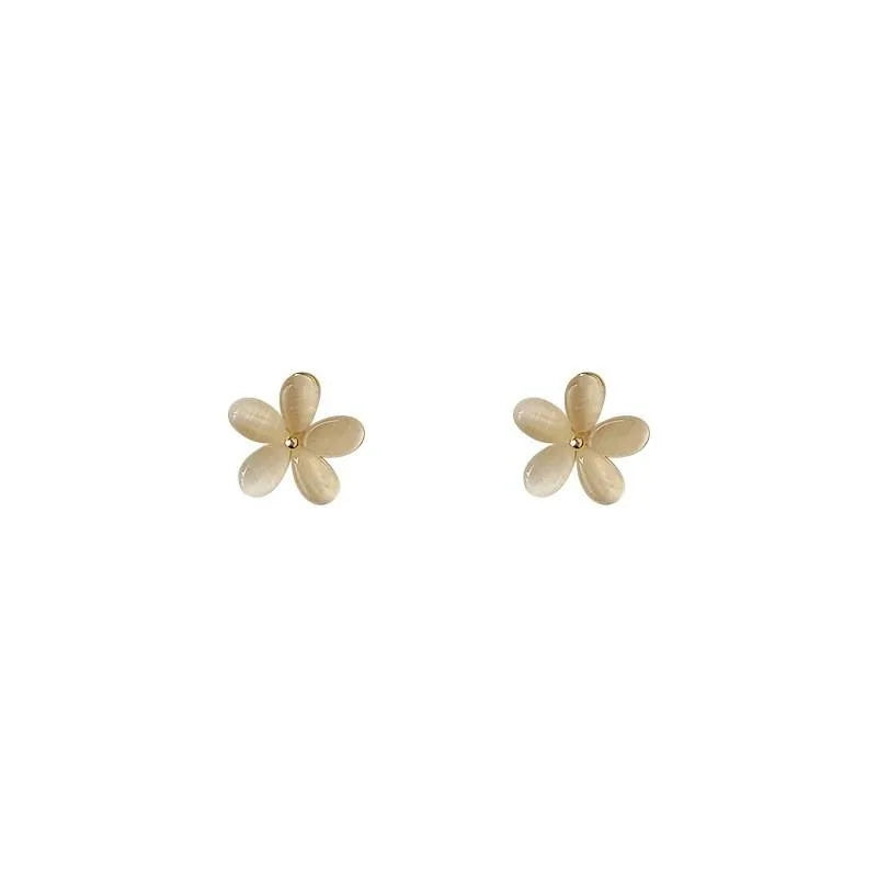 14K Gold Plated Copper Glass Cat Eye Flower Stud Earrings Sweet Forest Style Jewelry