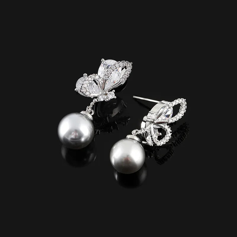 Luxury Zircon Butterfly Pearl Drop Stud & Clip On No Piercing Silver Gray Rhinestone Earrings
