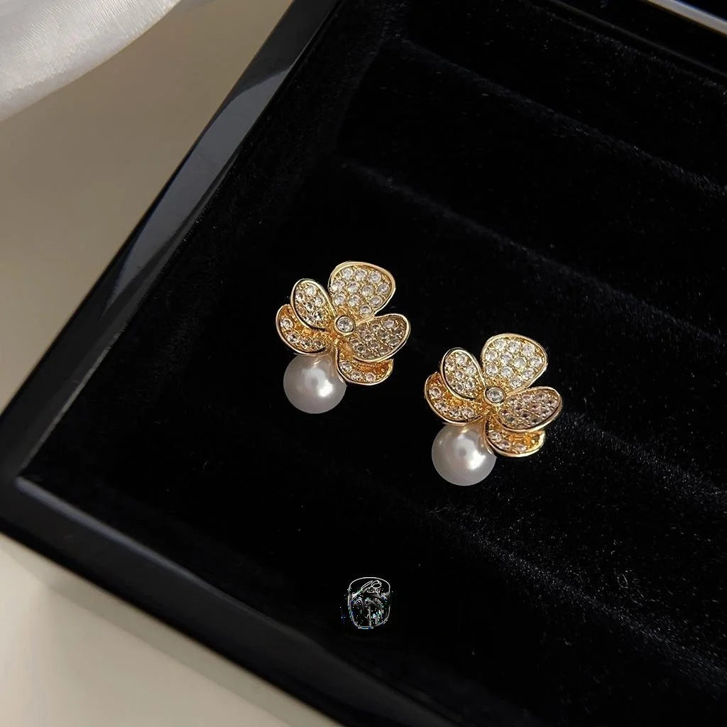 Light Luxury Copper Pearl Leaf Flower Drop Earrings With Micro Pave Zircon Silver Plated Pins