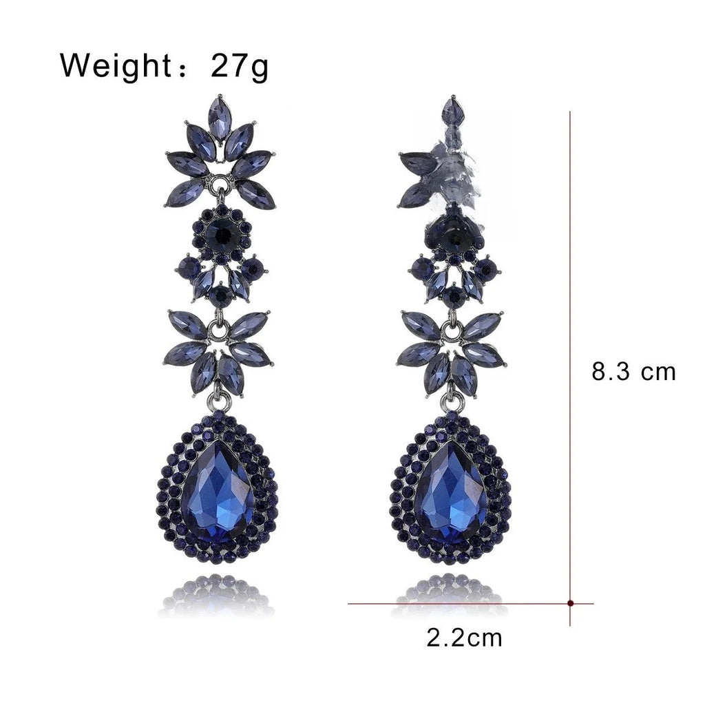 Luxury Blue Crystal Rhinestone Teardrop Flower Dangle Earrings, Alloy Statement Jewelry For Wedding Banquet