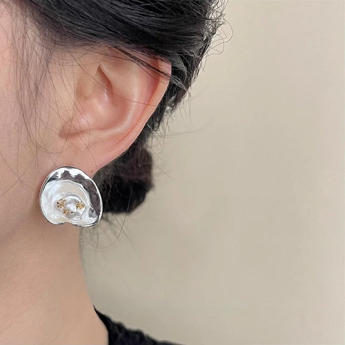 Designer Geometric Ruffle Copper High Gloss Pearl Drop Earrings Premium Sweet Cool Style
