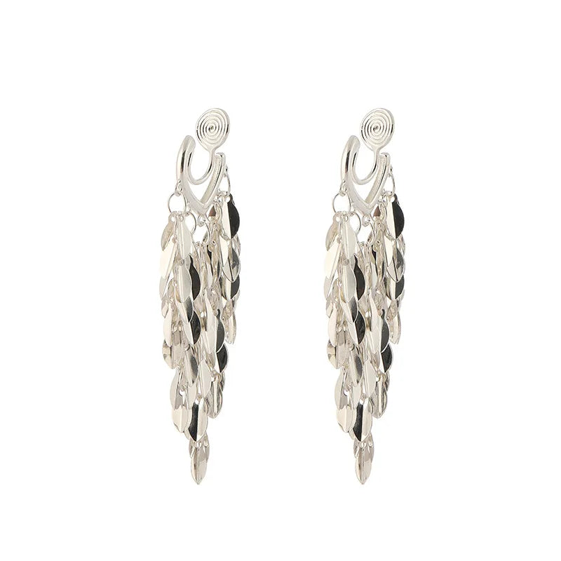 Elegant Shiny Silver Alloy Leaf Sequin Long Tassel Statement Stud & Clip On No Piercing Earrings
