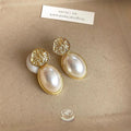 French Vintage Oval Geometric Faux Pearl Metal Stud Earrings For Women