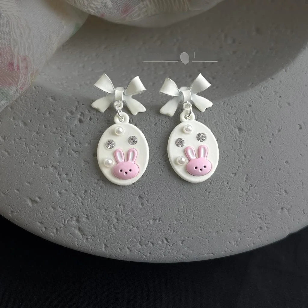 Cute Enamel Rhinestone Bunny Bow Pearl Copper Drop Earrings Sweet Kawaii Jewelry