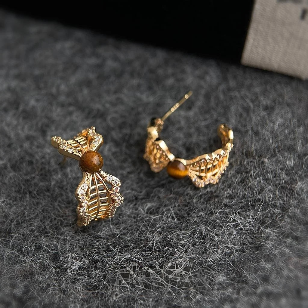Vintage Maillard Bow Drop Earrings Copper Tiger Eye Stone Zircon Micro Pave Lace Edge