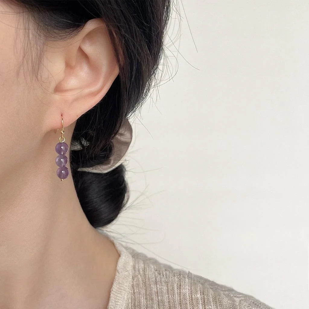 New Chinese Purple Natural Stone Crystal Grape Cluster Drop Earrings Handmade Vintage Elegant Jewelry