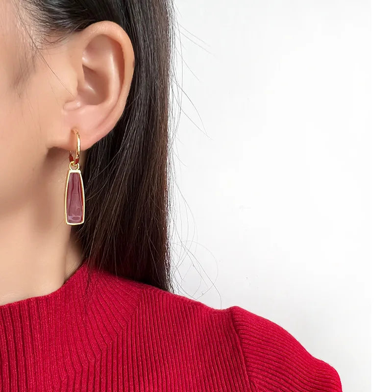 Elegant Red Enamel Geometric Bar Dangle Hoop Stud & Clip On No Piercing Gold Alloy Earrings