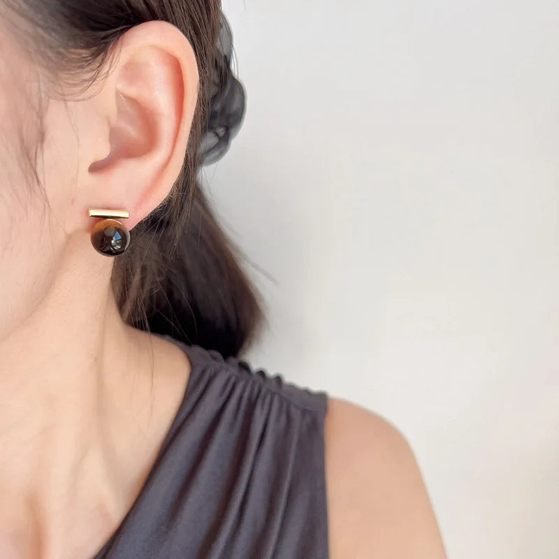 Elegant Tiger Eye Stone Round Ball Gold Alloy Bar Stud & Clip On No Piercing Commuter Earrings