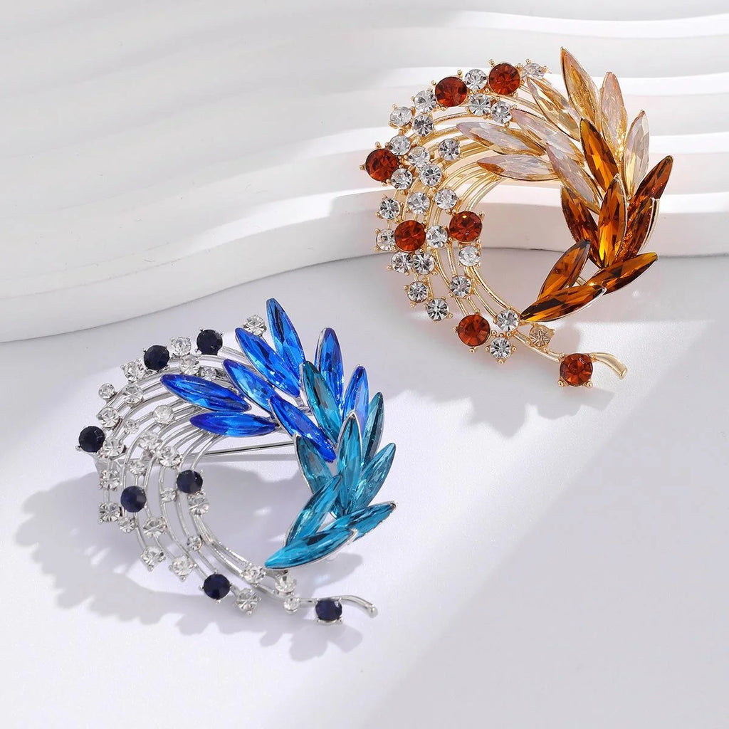 Luxury Blue Crystal Feather Flower Brooch With Rhinestones, Elegant Women's Lapel Pin Suit Accessory Gift