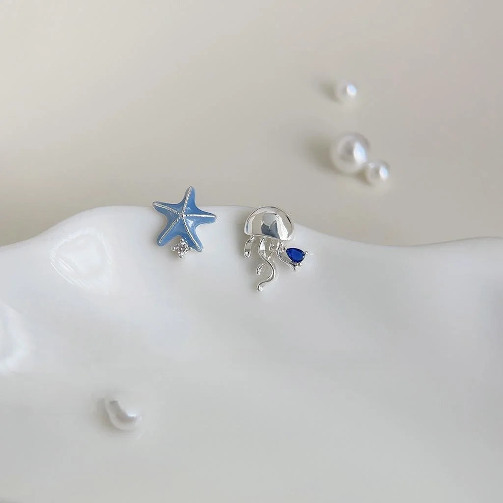 Designer Asymmetric Silver Starfish And Jellyfish Copper Stud Earrings For Women Sweet Cool Style