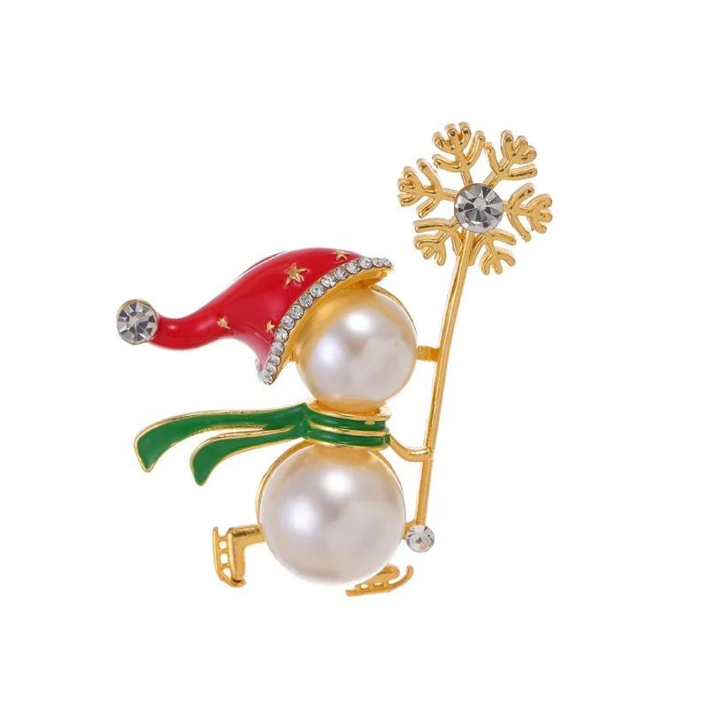 Cute Christmas Snowman Magic Wand Brooch, Enamel Rhinestone Faux Pearl Alloy Lapel Pin Corsage Gift