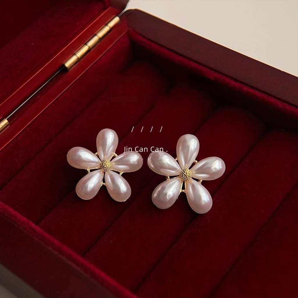 French Vintage Faux Pearl Sunflower Floral Teardrop Stud Earrings