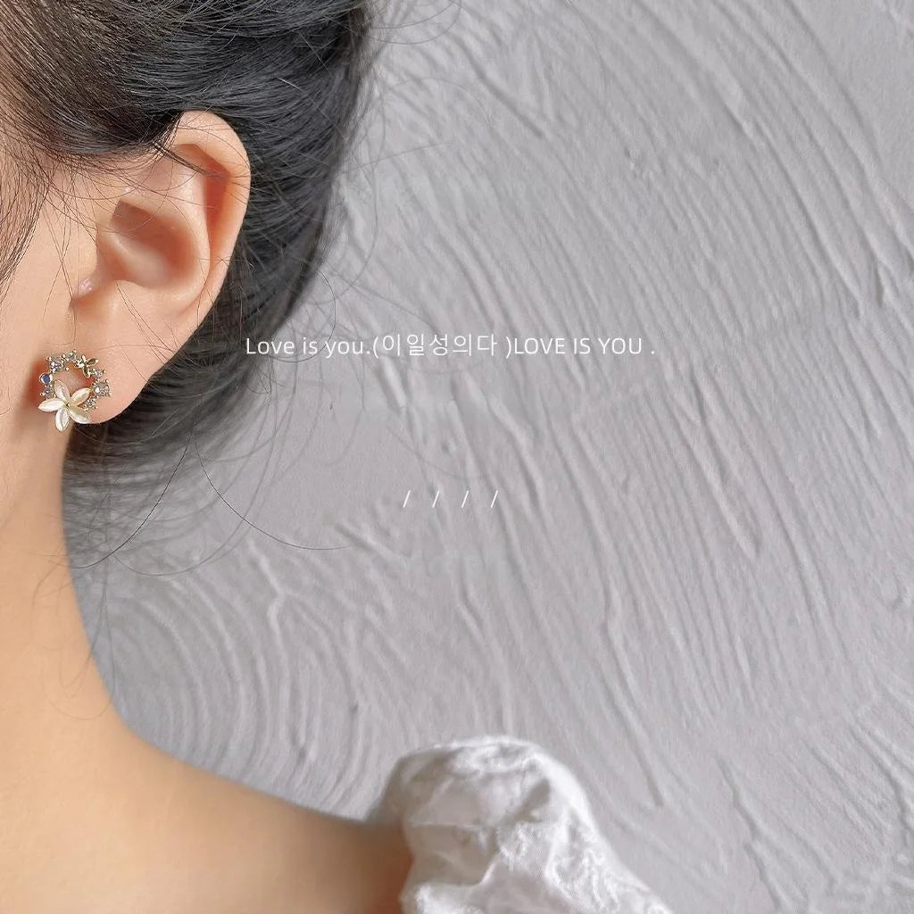 14K Gold Plated Copper Flower Glass Cat Eye Zircon Stud Earrings Sweet Style