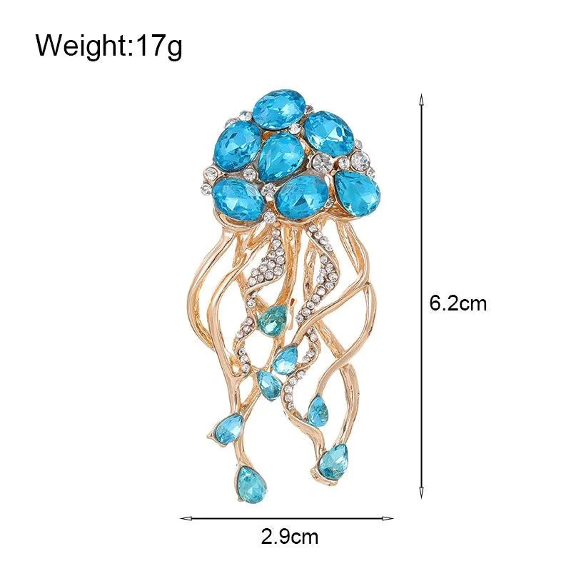 Elegant Blue Rhinestone Jellyfish Brooch, Gold Tone Alloy Ocean Animal Lapel Pin Corsage Gift