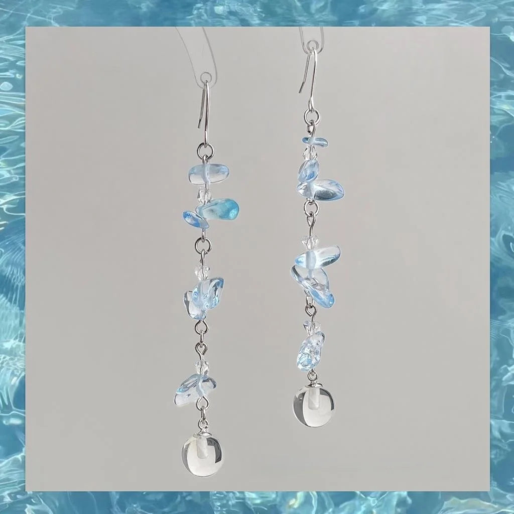Copper Glass Crystal Aquamarine Tassel Drop Earrings Geometric Fresh Vacation Style