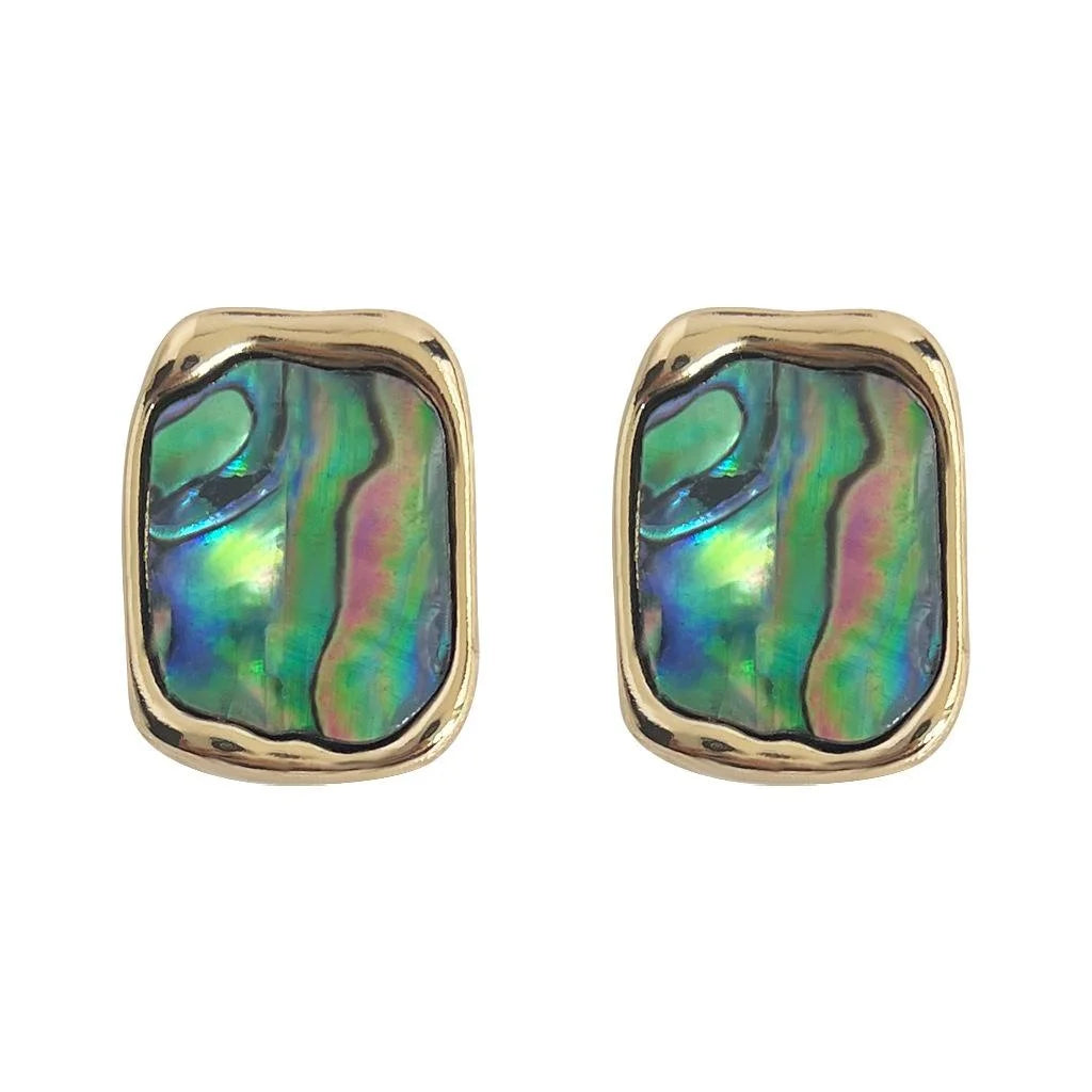 French Vintage 14K Gold Plated Copper Abalone Shell Rectangle Geometric Stud Earrings