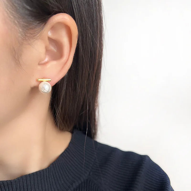 Elegant Faux Pearl Gold Alloy Bar Stud & Clip On No Piercing French Minimalist Commuter Earrings