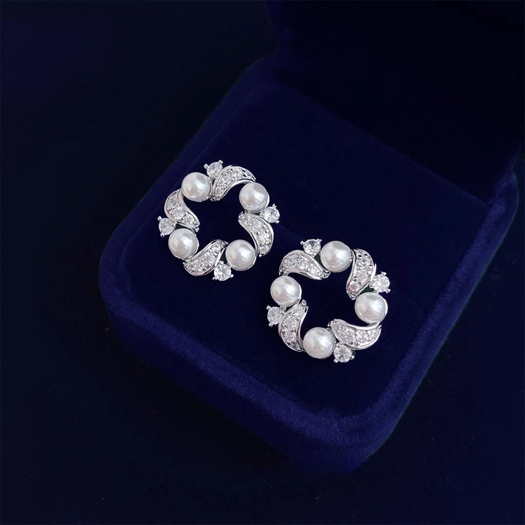 Light Luxury Geometric Hollow Round Zircon Copper Drop Earrings With Silver Plated Pins