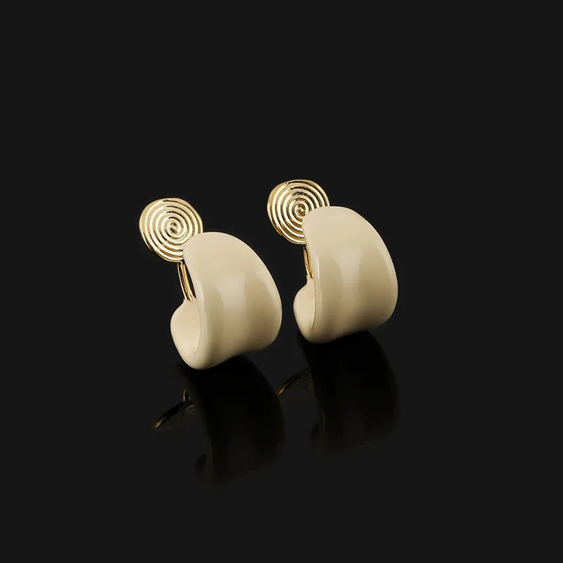 Elegant Cream Enamel Chunky C Hoop Circle Stud & Clip On No Piercing Minimalist Women's Earrings