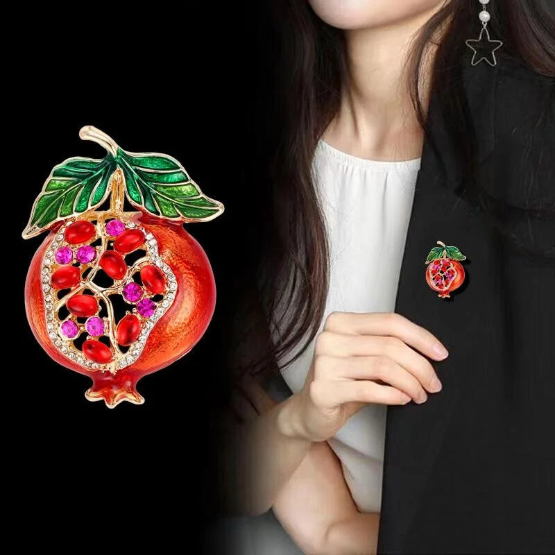 Elegant Enamel Pomegranate Fruit Brooch With Rhinestones, Women's Lapel Pin Corsage Suit Accessory Gift
