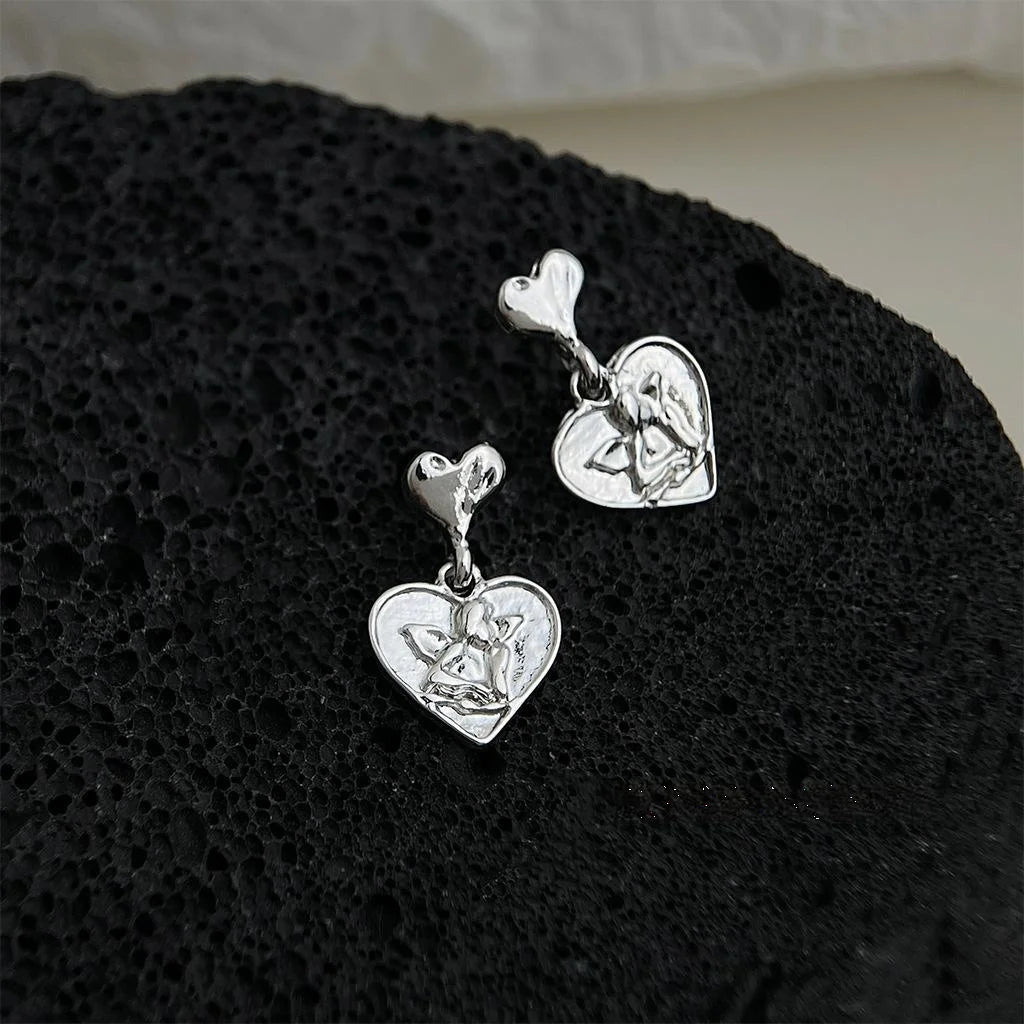 Silver Plated Copper Angel Heart Stud Earrings Korean Minimalist Cool Style Jewelry