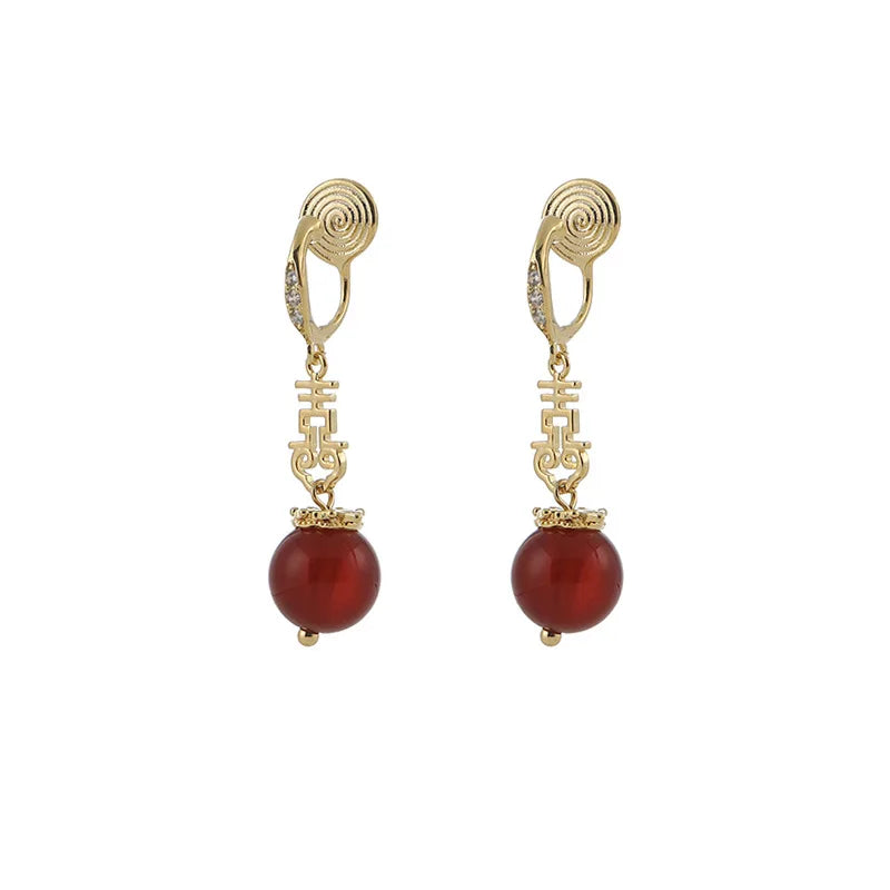 Elegant Chinese Double Happiness Red Agate Bead Alloy Stud & Clip On No Piercing Bridal Drop Earrings