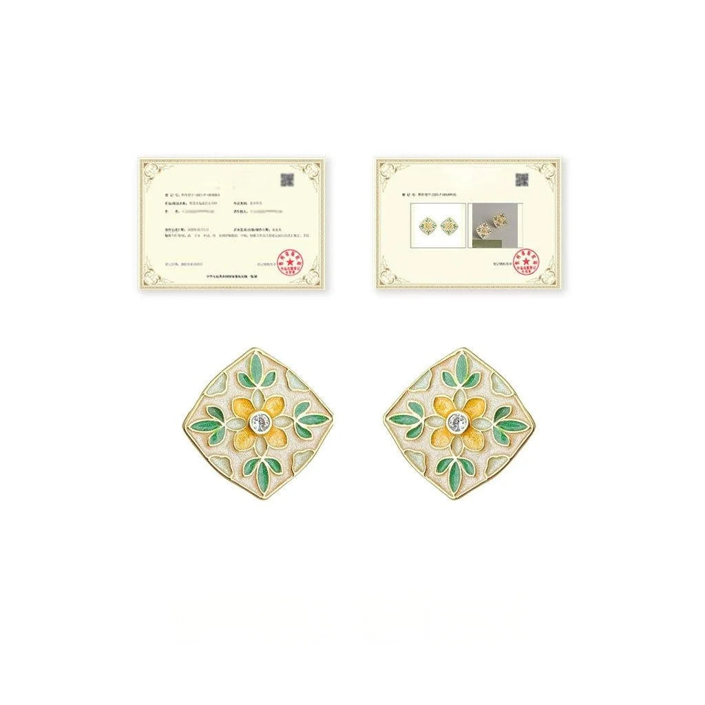Chinese Style Enamel Drip Glaze Silver Plated Copper Floral Geometric Stud Earrings