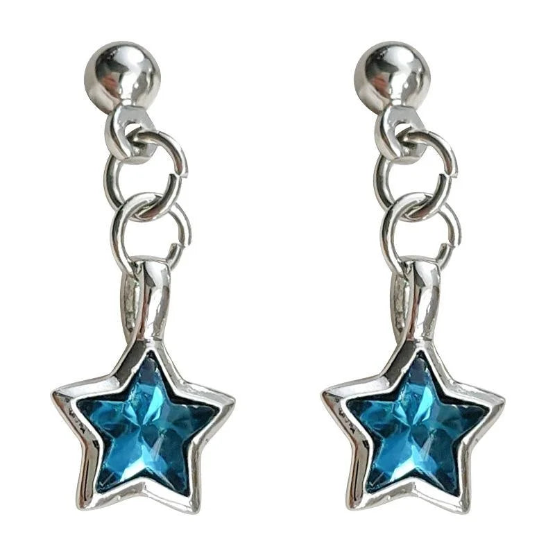 Cute Mini Blue Glass Crystal Five Point Star Copper Stud Earrings With Silver Plated Pins