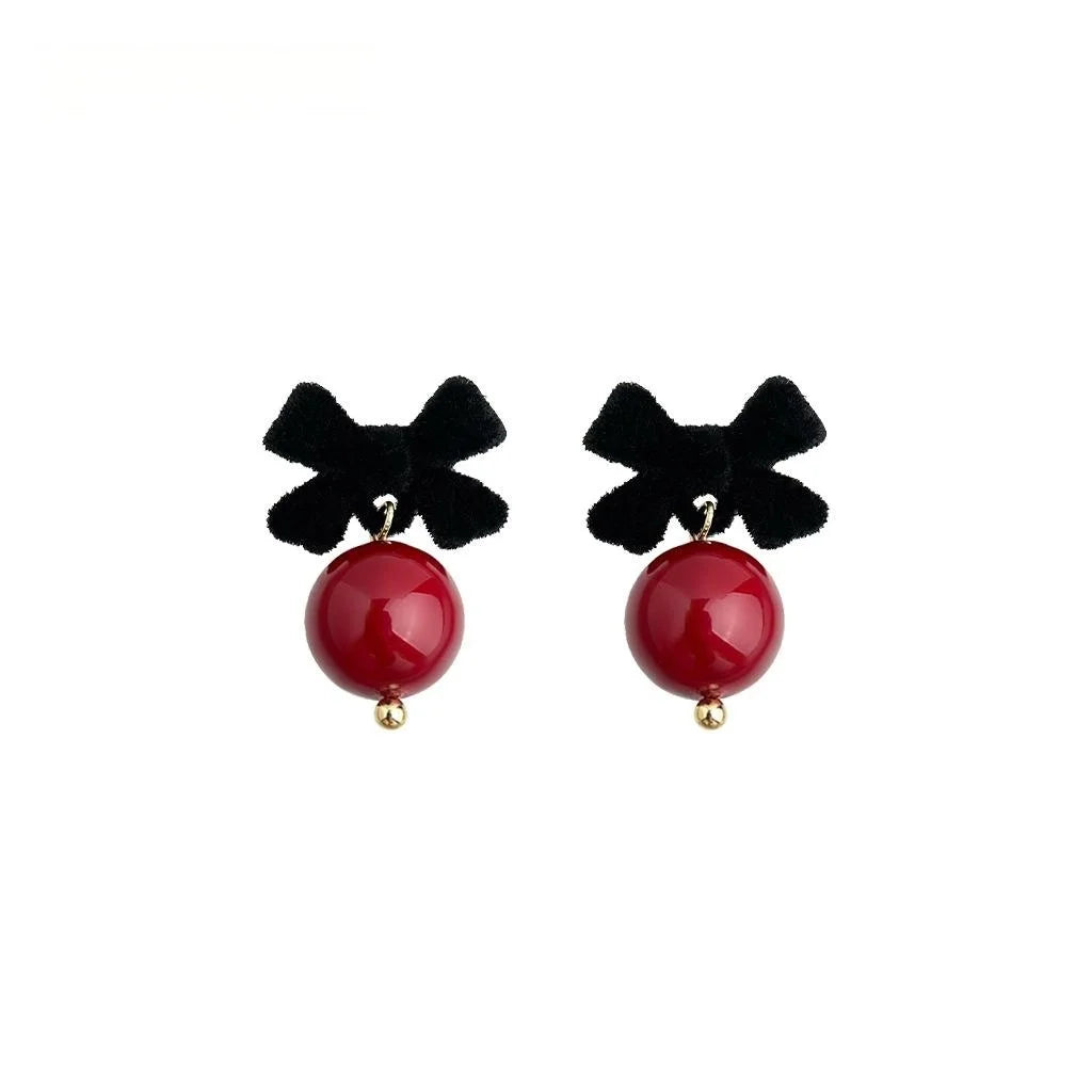 Chinese Style Flocked Bow Glass Ball Drop Earrings Vintage Elegant Jewelry