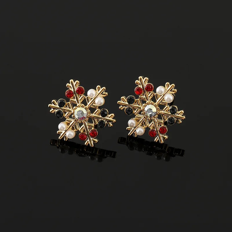 Elegant Christmas Snowflake Alloy Rhinestone Pearl Stud & Clip On No Piercing Holiday Earrings