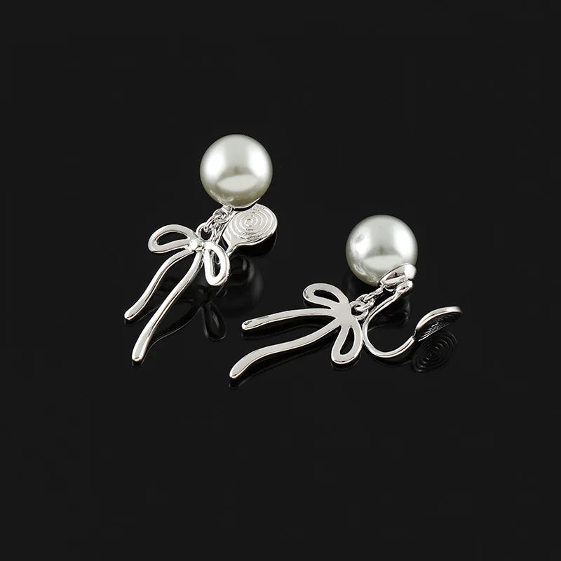 Elegant Sweet Pearl Bowknot Long Tassel Alloy Spiral Disc Stud & Clip On No Piercing Earrings