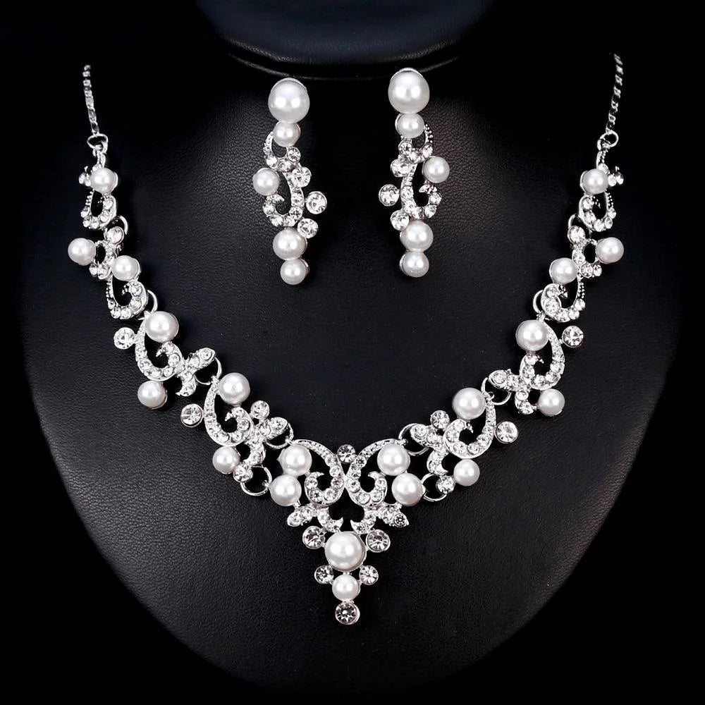 Elegant Bridal Pearl Rhinestone Alloy Necklace Earrings Jewelry Set For Wedding Party Banquet Gift