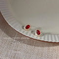 14K Gold Plated Copper Oval Red Zircon Stud Earrings Micro Pave Light Luxury Jewelry