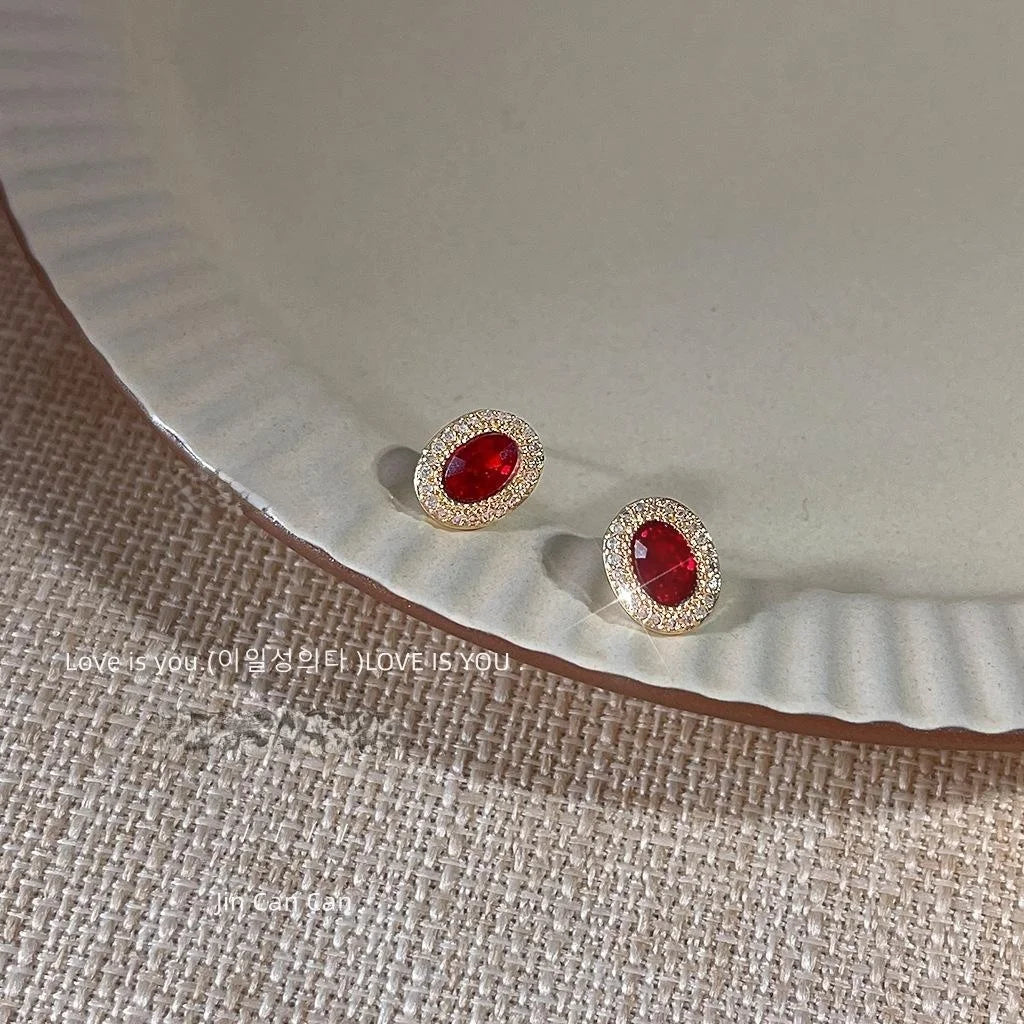 14K Gold Plated Copper Oval Red Zircon Stud Earrings Micro Pave Light Luxury Jewelry