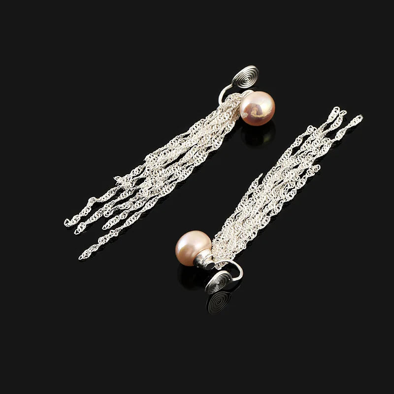 Elegant Luxury Spiral Pink Pearl Long Chain Tassel Alloy Stud & Clip On No Piercing Drop Earrings