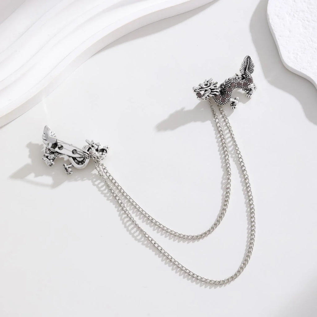 Vintage Rhinestone Dragon Collar Chain Brooch, Silver Alloy Animal Lapel Pin For Shirt Suit Accessory