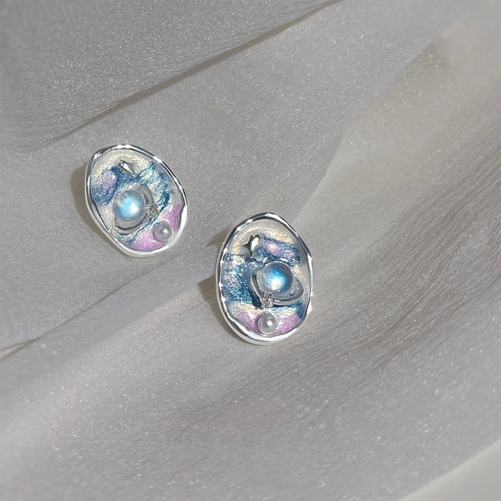 Niche Star Planet Enamel Drip Copper Stud Earrings For Women