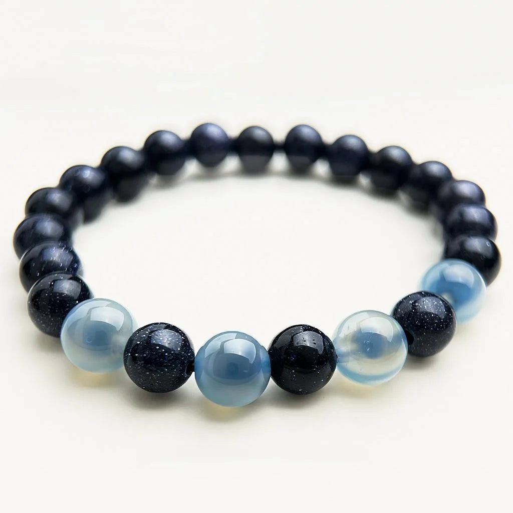 Blue Sandstone Agate Crystal Beaded Bracelet Retro New Chinese Geometric Womens Jewelry