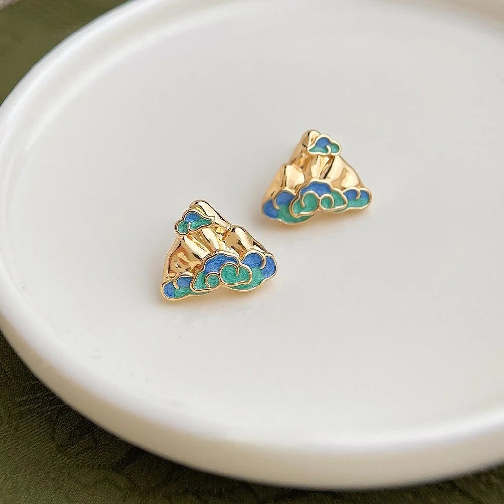 New Chinese Style Geometric Mountain Cloud Painted Enamel Copper Stud Earrings